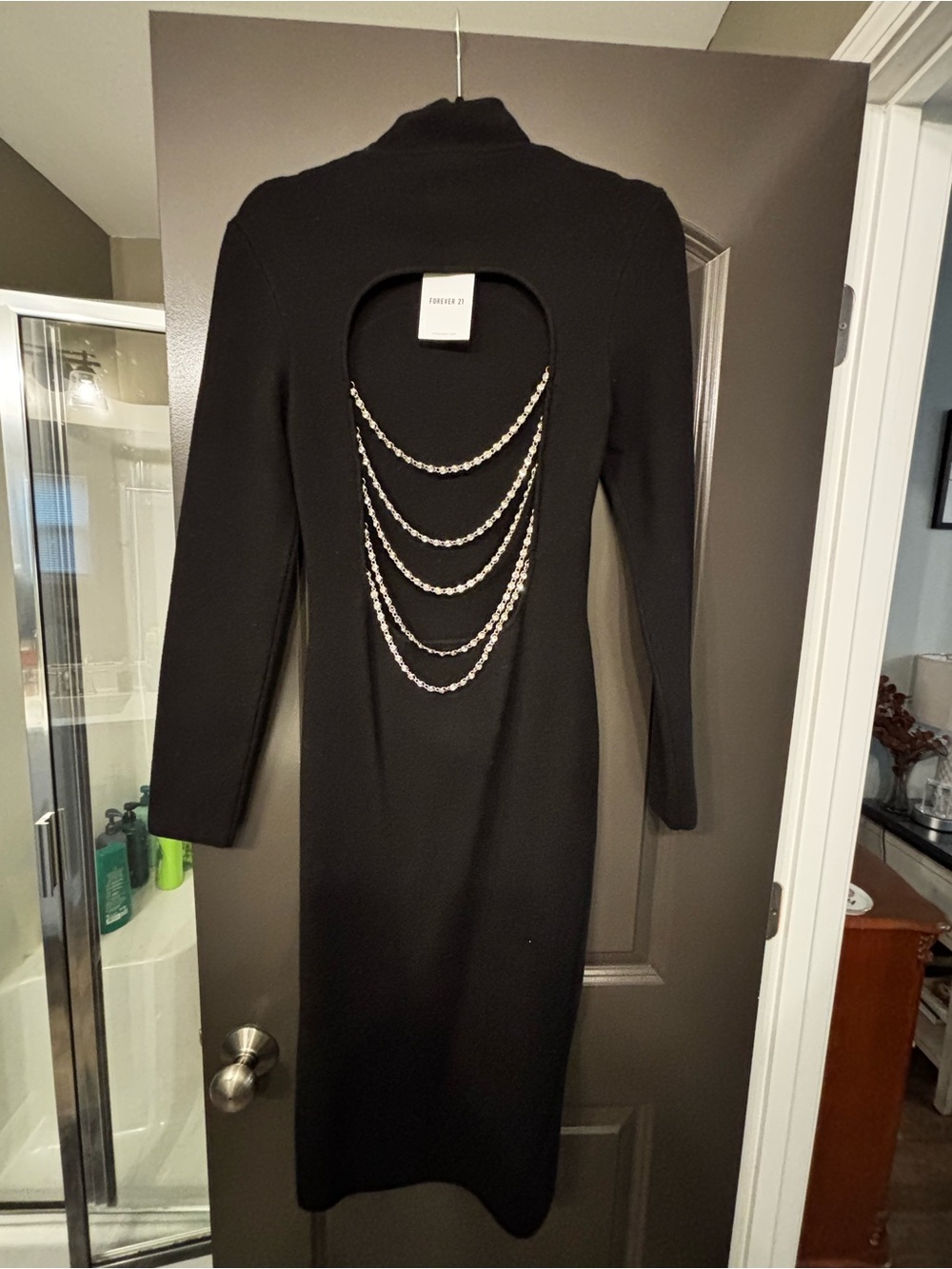 Forever 21 Black Long Sleeve Turtleneck Midi Dress with diamond chain back